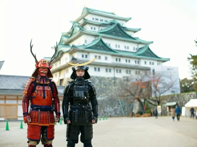 Samurai armour experience in front of Nagoya Castle